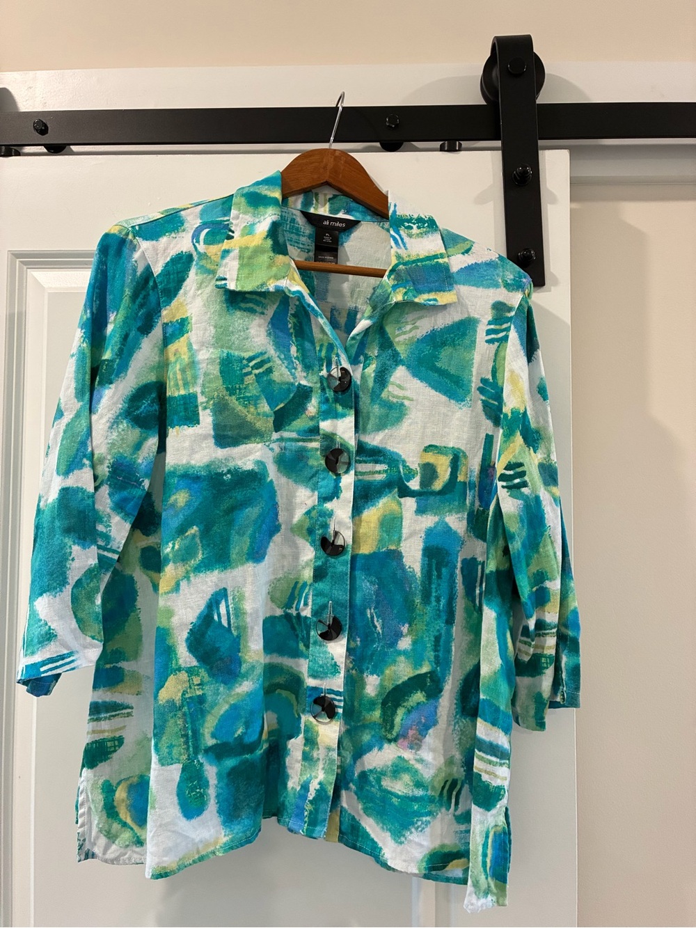 Ali Miles Aqua & Teal Abstract Brushstroke Button-Down Shirt Linen Cotton Large